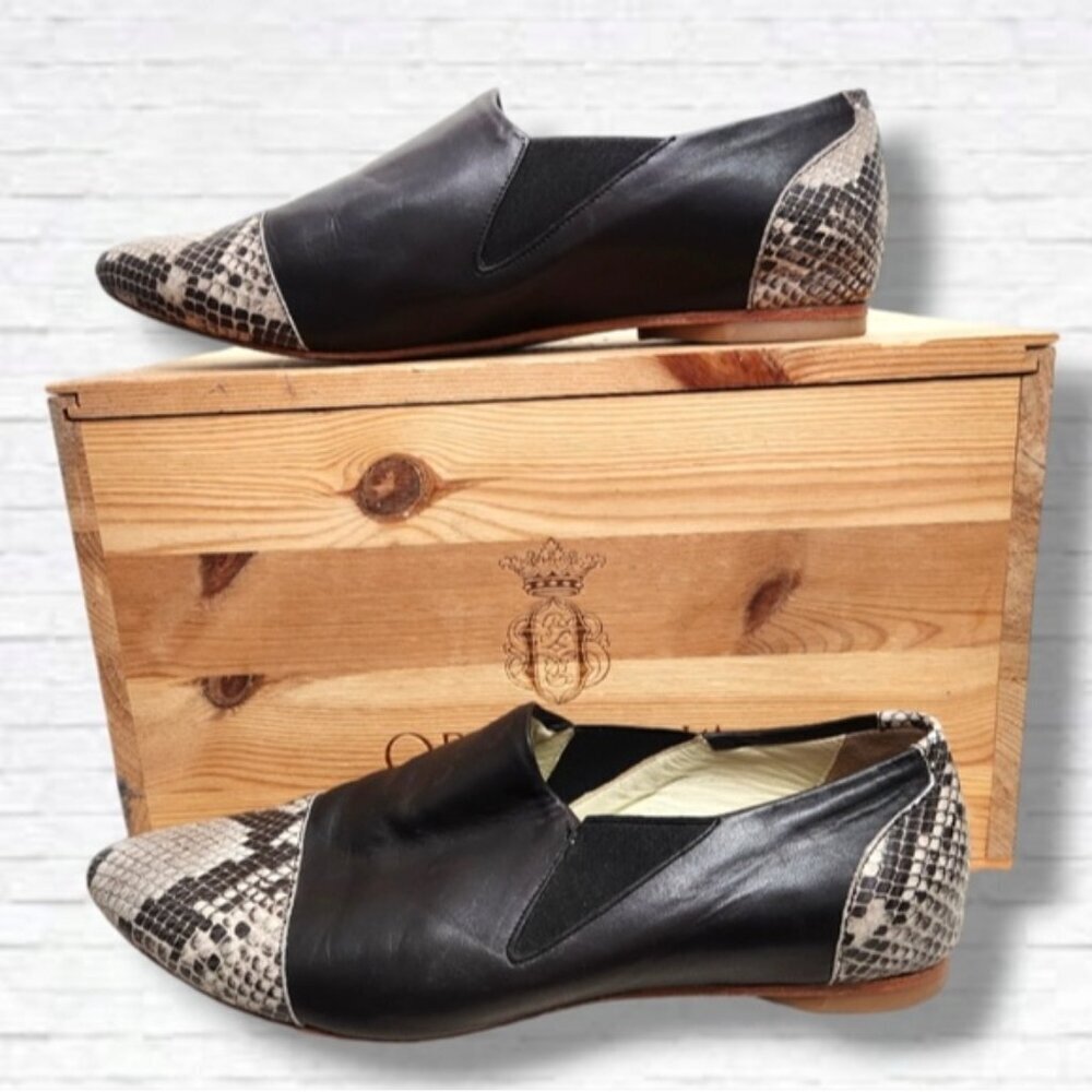 Poppy Barley The Oxford Slip-On Snakeskin Black Leather Pointed Flats Size 10.5